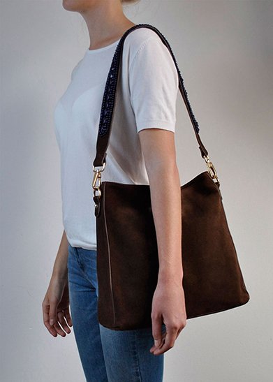 BOHO IBIZA BAG - Tracolla blu zaffiro (70cm) + Borsa in pelle scamosciata (Cacao)