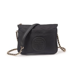 Black nylon shoulder bag with cowhide trim, chain strap, quilted texture, logo emblem, compact crossbody style.