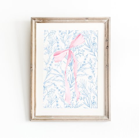 Roze en blauwe strikprint, meisjesboogposter, roze toile kunst, roze meisjeskamerposter, meisjeskwekerijposter