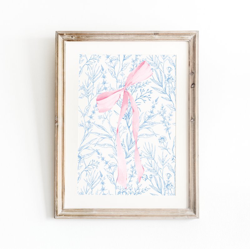 Roze en blauwe strikprint, meisjesboogposter, roze toile kunst, roze meisjeskamerposter, meisjeskwekerijposter