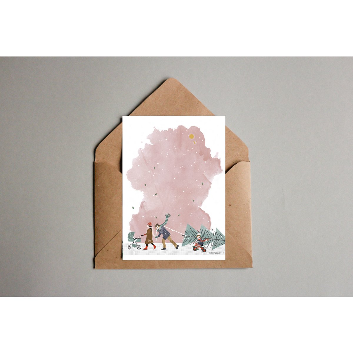 postcard - series 'Christmas' - 'how to get that tree home' - walking