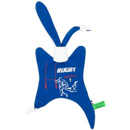 Soft, plush blue rugby-themed baby blanket with a playful design featuring the word "RUGBY" and a stylized rugby ball shape.