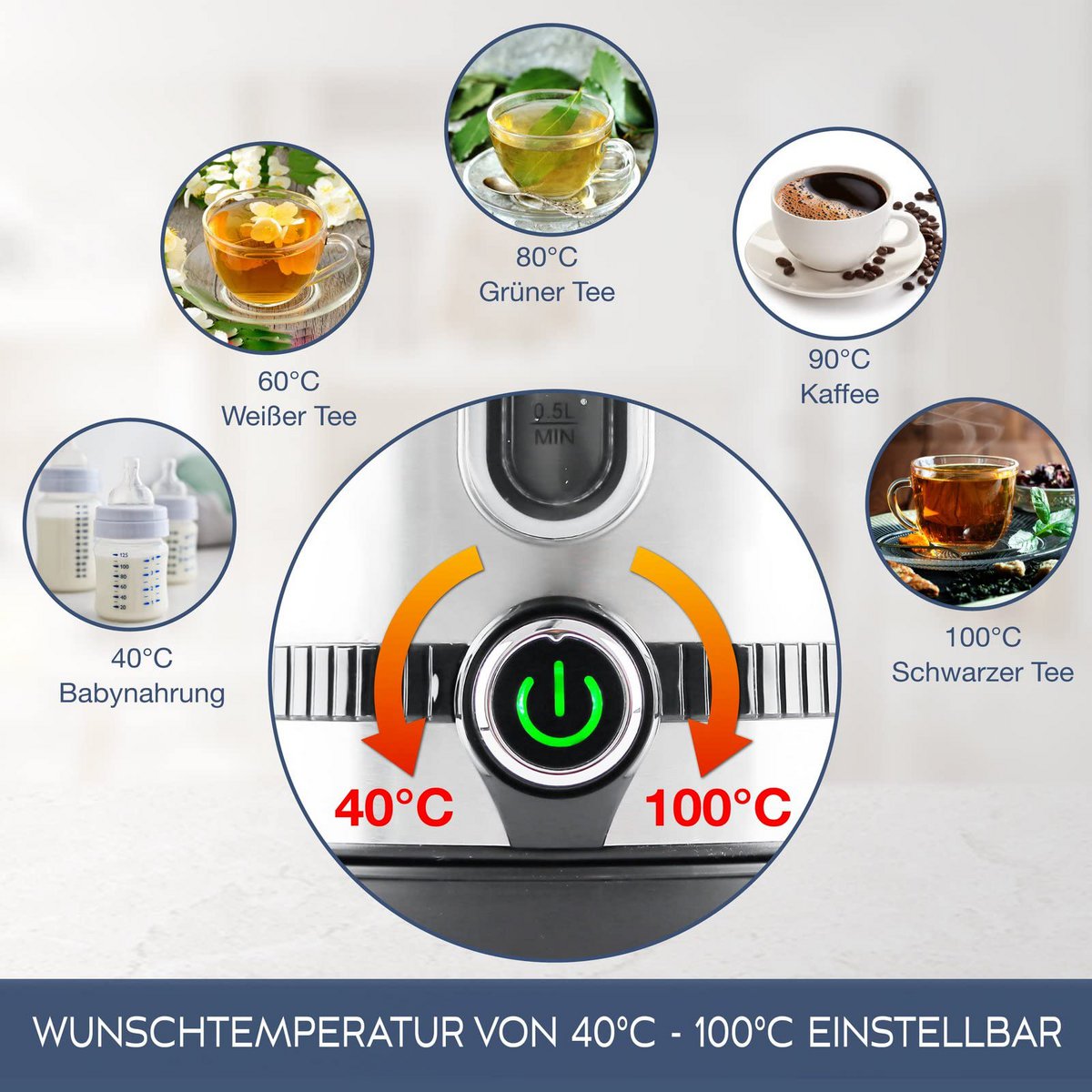 LIFETIME kedel rustfrit stål temperaturindstilling - støjsvag, temperaturvisning & hold varm funktion - 1,7 liter & 2200W | Elkedler | Temperaturkedel i rustfrit stål retro uden plast