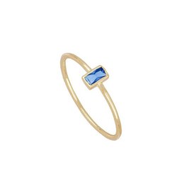 Delicate gold-tone ring with a rectangular blue gemstone. Minimalist and elegant design suitable for stacking or wearing alone.