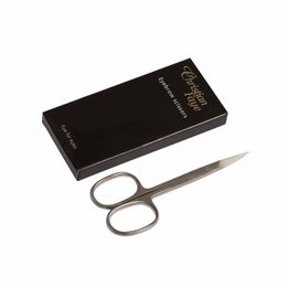  "Stainless steel eyebrow scissors with curved handles, precision grooming tool, silver finish"