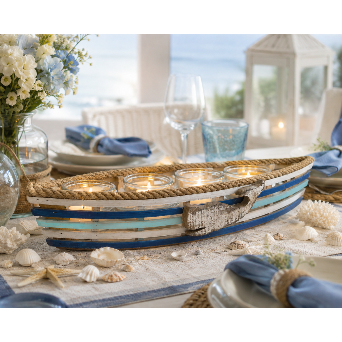 White and blue wooden whale candle holder 53x9 h cm