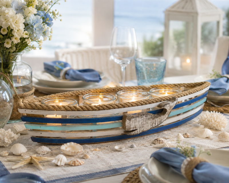White and blue wooden whale candle holder 53x9 h cm