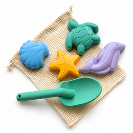  Colorful silicone beach toys set with shovel, star and animal molds, net bag included.