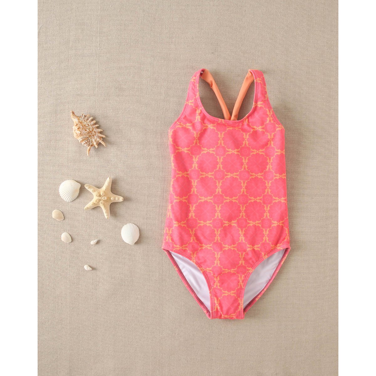 Girm's Fuchsia Retro Print Swimsuit z pomarańczowymi paskami M190-23504021