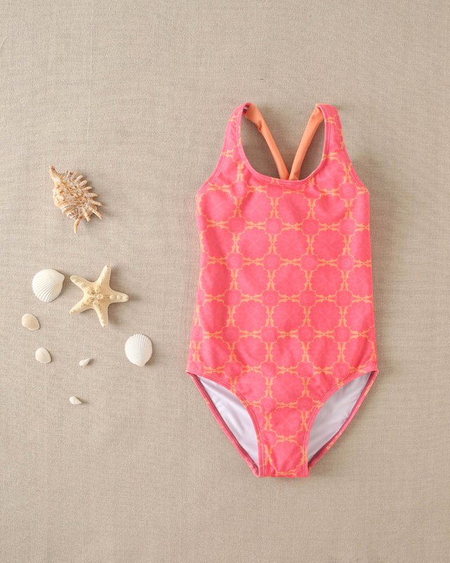 Costume da bagno con stampa retrò fucsia da ragazza con cinturini arancioni M190-23504021