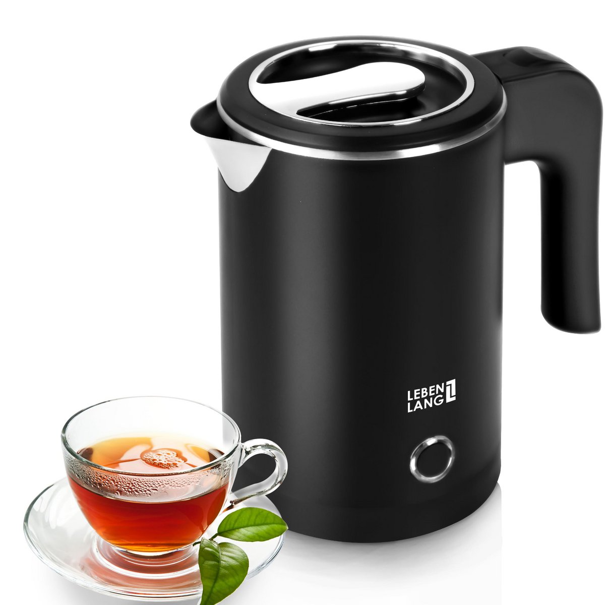 LIFETIME Hervidor de viaje de acero inoxidable pequeño 0,5 litros y sin BPA - Hervidor de viaje 600 W Ahorro de energía Eficiencia energética - Mini hervidor de camping negro 0,5 0,5 l