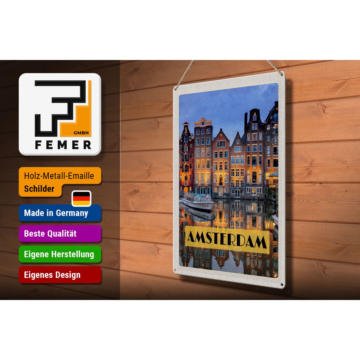 Tin sign travel 30x40cm Amsterdam at night travel destination