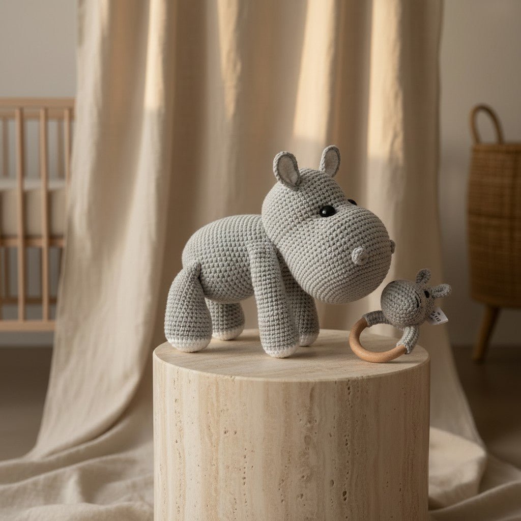 Nuvinokids® Handmade Hippo Cuddly Toy and Teething Set made of 100% Cotton
