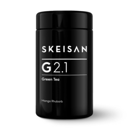 Flavored green tea with petals and mango-rhubarb flavor in a black tea canister.