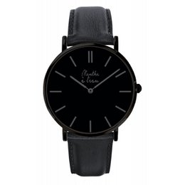 A sleek, all-black watch with a genuine black leather strap and a minimalist dial design.