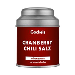 Cranberry chili salt, handmade spice blend, some ingredients from own cultivation, premium quality, without additives. Available in 65g tin, 65g refill pack, and 6g sample pack.