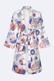 Floral printed kimono with long sleeves and a tie waist. Made of lightweight, breathable fabric in a vibrant coral and blue color palette.