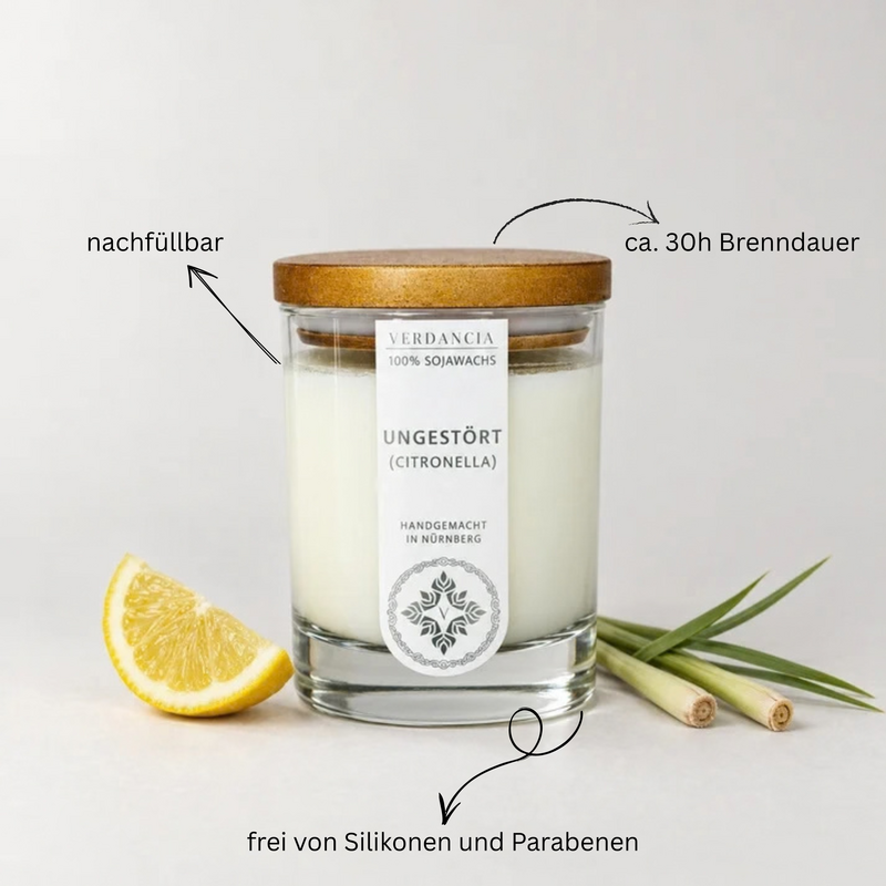 Uforstyrret (Citronella) | Duftlys sojavoks - citronella - mod myg - frisk citrusduft - udendørs lys
