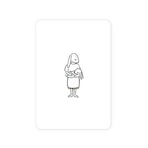 Postkarte (A6) mit Baby und Hasenmutter in Federzeichnung