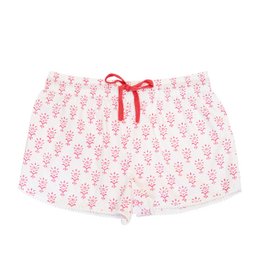 Hot pink booti print sleep shorts for kids, available in sizes 8-10 years and 10-12 years, as well as adult size 8. The shorts feature a playful booti print in a vibrant hot pink color, with a drawstring waist for a comfortable fit.