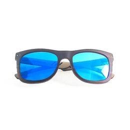 Wooden sunglasses with blue mirrored lenses and a modern, rectangular frame design.