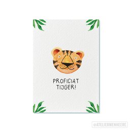 A postcard featuring a cute tiger illustration surrounded by lush green leaves and foliage against a white background.