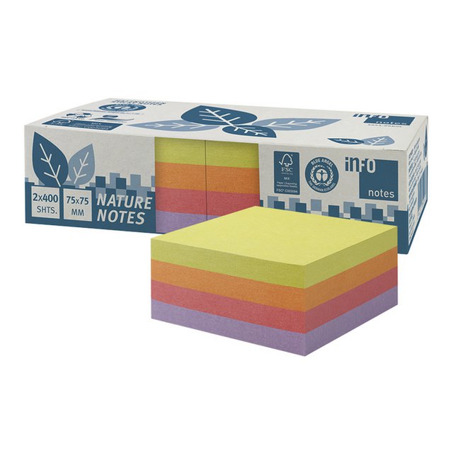 Info notes 75x75mm, 2 x 400 blaadjes, 4 kleuren, blauwe engel.