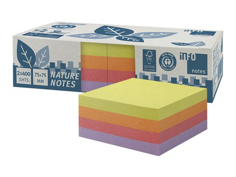 Info notes 75x75mm, 2 x 400 blaadjes, 4 kleuren, blauwe engel.