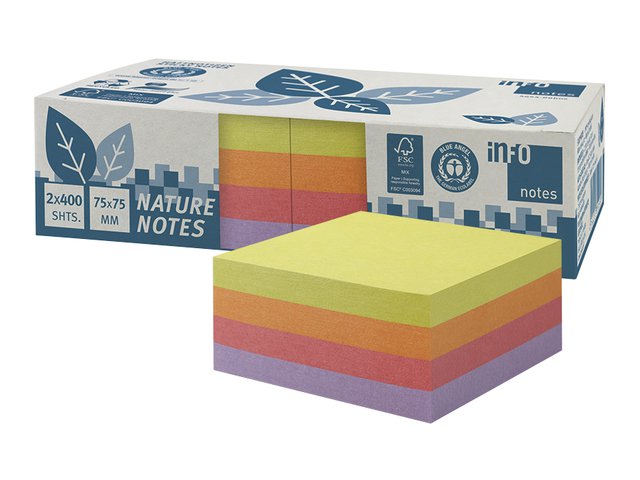 Info notes 75x75mm, 2 x 400 blaadjes, 4 kleuren, blauwe engel.