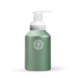 Aluminum bottle with foam pump, hand soap, green color, pump dispenser.