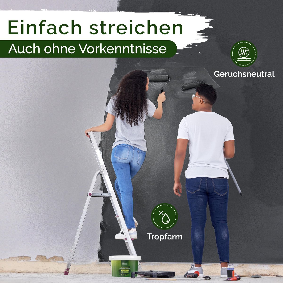 Veluxis® Wandfarbe Schwarz für den Innenraum - 5 Liter & Deckkraft-Klasse 1, Streifenfrei, tropfarm & Öko Farbe, VOC-frei - (Casual Caviar)