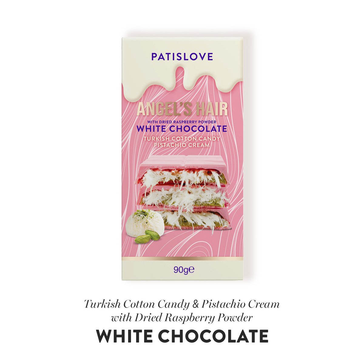 Angel's hår Hvid chokolade med tørret hindbærpulver, 90 g