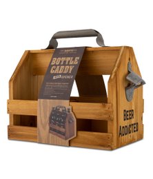 Wooden caddy for 6 beer bottles, made of natural wood, with compartments to hold bottles securely.