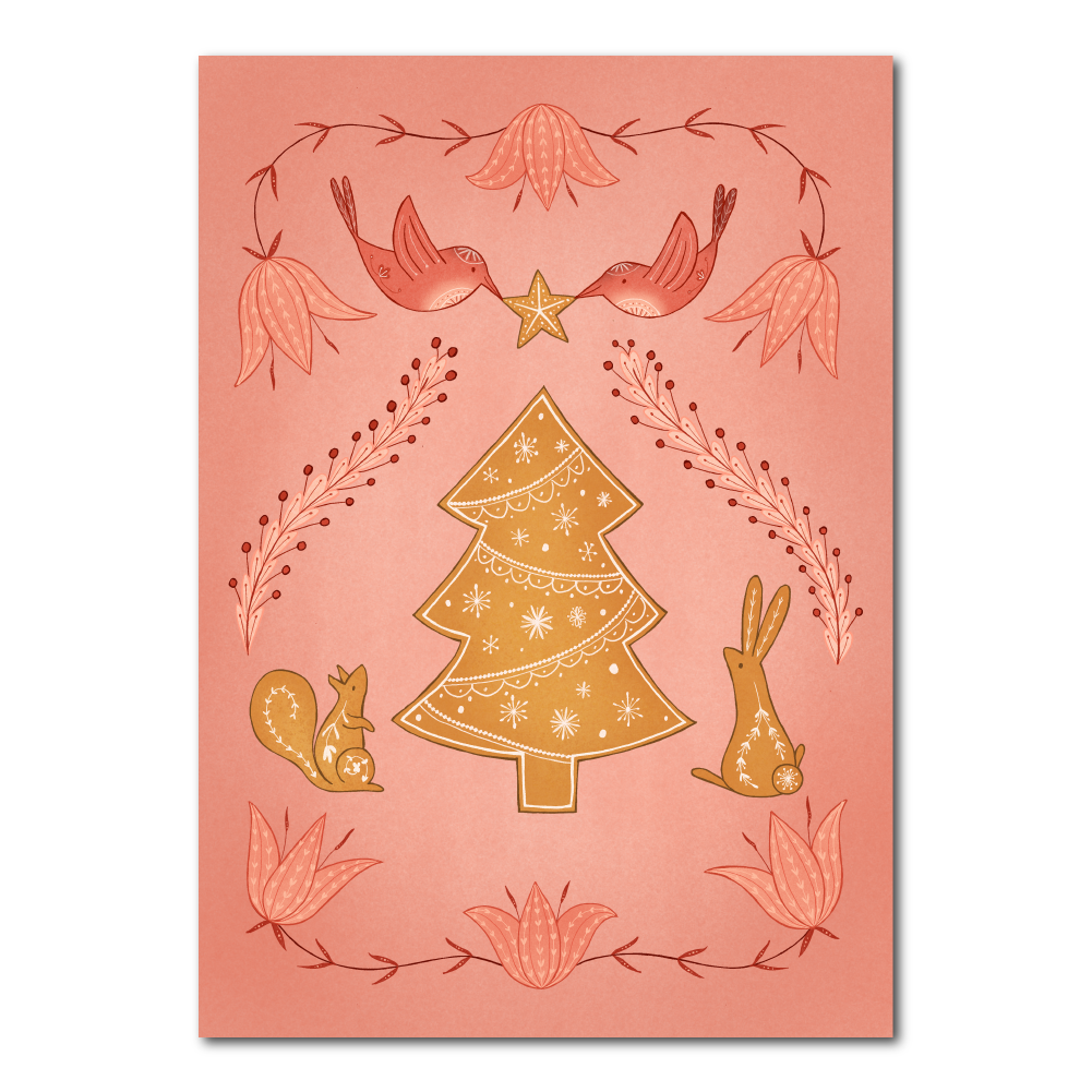 Rosa Weihnachtskarte mit Lebkuchen-Weihnachtsbaum und Folklore-Elementen
