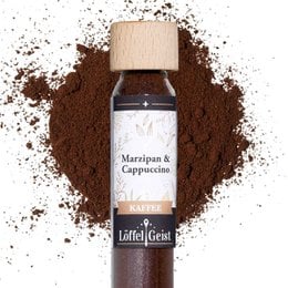 Brown ground coffee powder, wooden cap, marzipan cappuccino flavor, aromatic spice blend