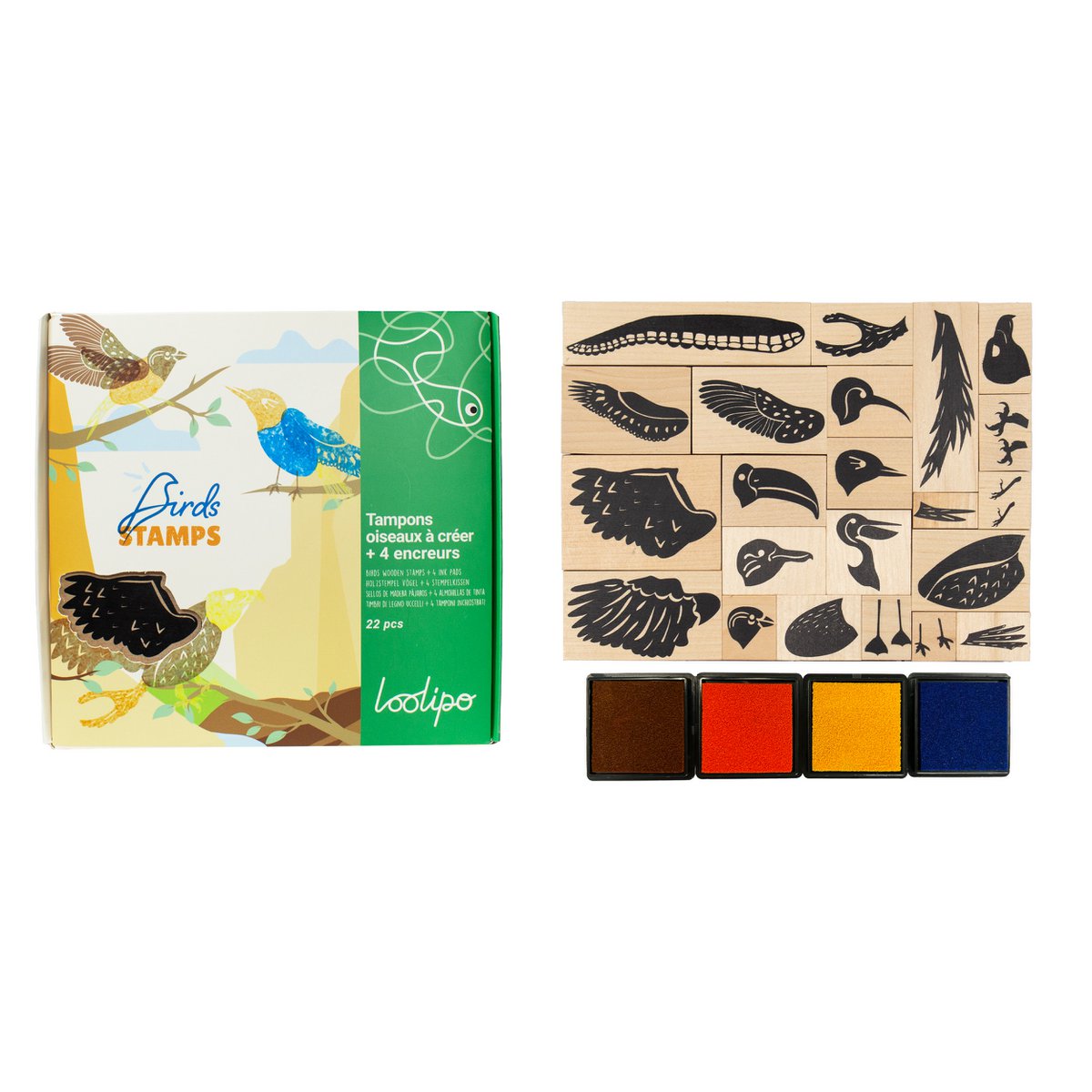 SELLOS DE PÁJAROS PARA CREAR + 4 TINTAS - 17 x 13 cm - 22 uds - Colores surtidos