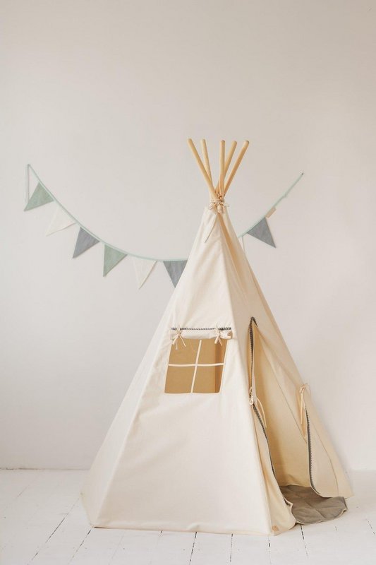 Teepee "Grey Pompoms" con pompon e set tappetino