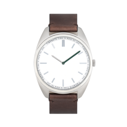Silver and brown watch with a simple, minimalist design.