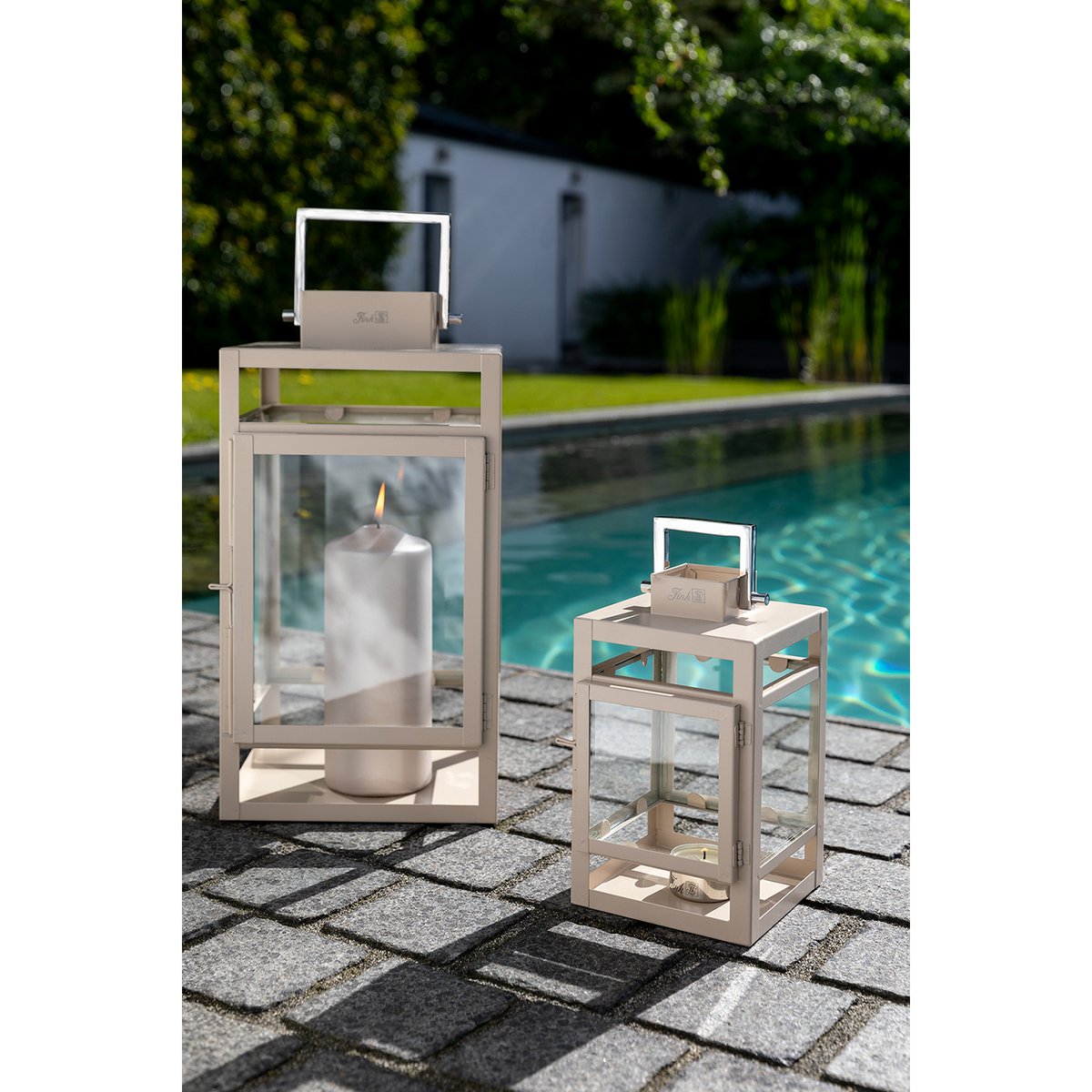 Lantaarn KENIA RVS glas ijzer gepoedercoat glad beige Ø12 cm H20 cm
