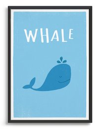 A simple, minimalist wall art print featuring a cute blue whale illustration on a light blue background. The product is available in multiple sizes and customization options.