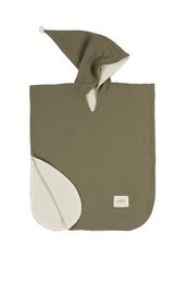 A forest green muslin poncho-style bath towel with a minimalist design and a subtle leaf-like shape.