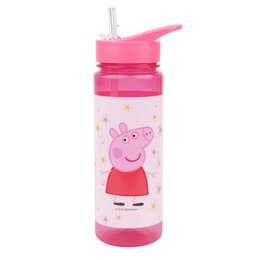 Pink water bottle with Peppa Pig character design, flowers, straw lid, 650ml capacity for kids