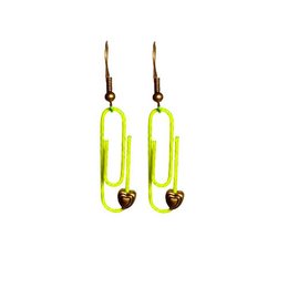 Lime green personalized paperclip earrings with heart-shaped charms. The earrings feature a simple, modern design with a bright lime green color and small heart-shaped charms dangling from the paperclip-style hooks.