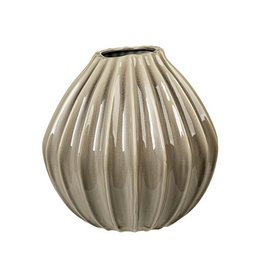 Wide round bulbous vase, ribbed vertical grooves, cream beige ceramic, modern minimalist style, large decorative vessel