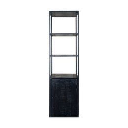 A tall, black sideboard with mango wood shelves and a cabinet base. The sideboard has a modern, minimalist design and is suitable for use in a living room or dining room.