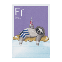 Alphabet toy card featuring a sloth illustration with the letter 'F' and the name 'Fabio'. The sloth is wearing a striped shirt and appears to be lounging on a surface.