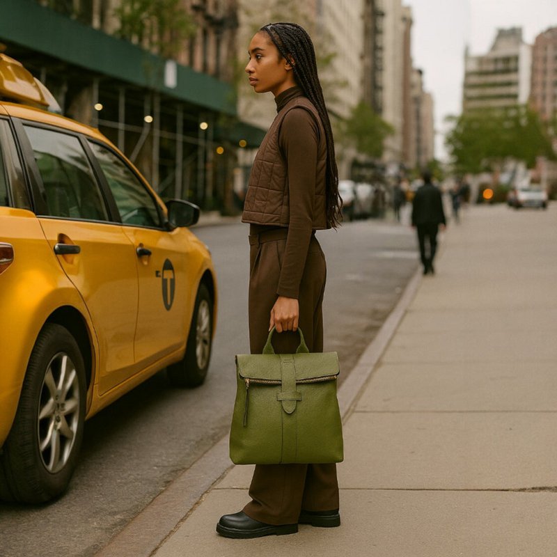 RB1021E | Soft women's backpack in genuine leather Made in Italy with adjustable shoulder straps. Zipper and accessories in shiny gold metal - Green color - Dimensions: 30 x 34 x 10.5 cm