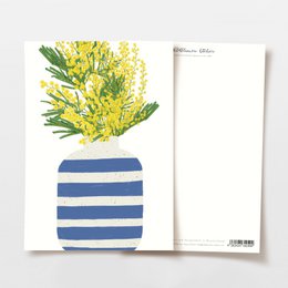 Postcard blue striped vase with yellow flowers