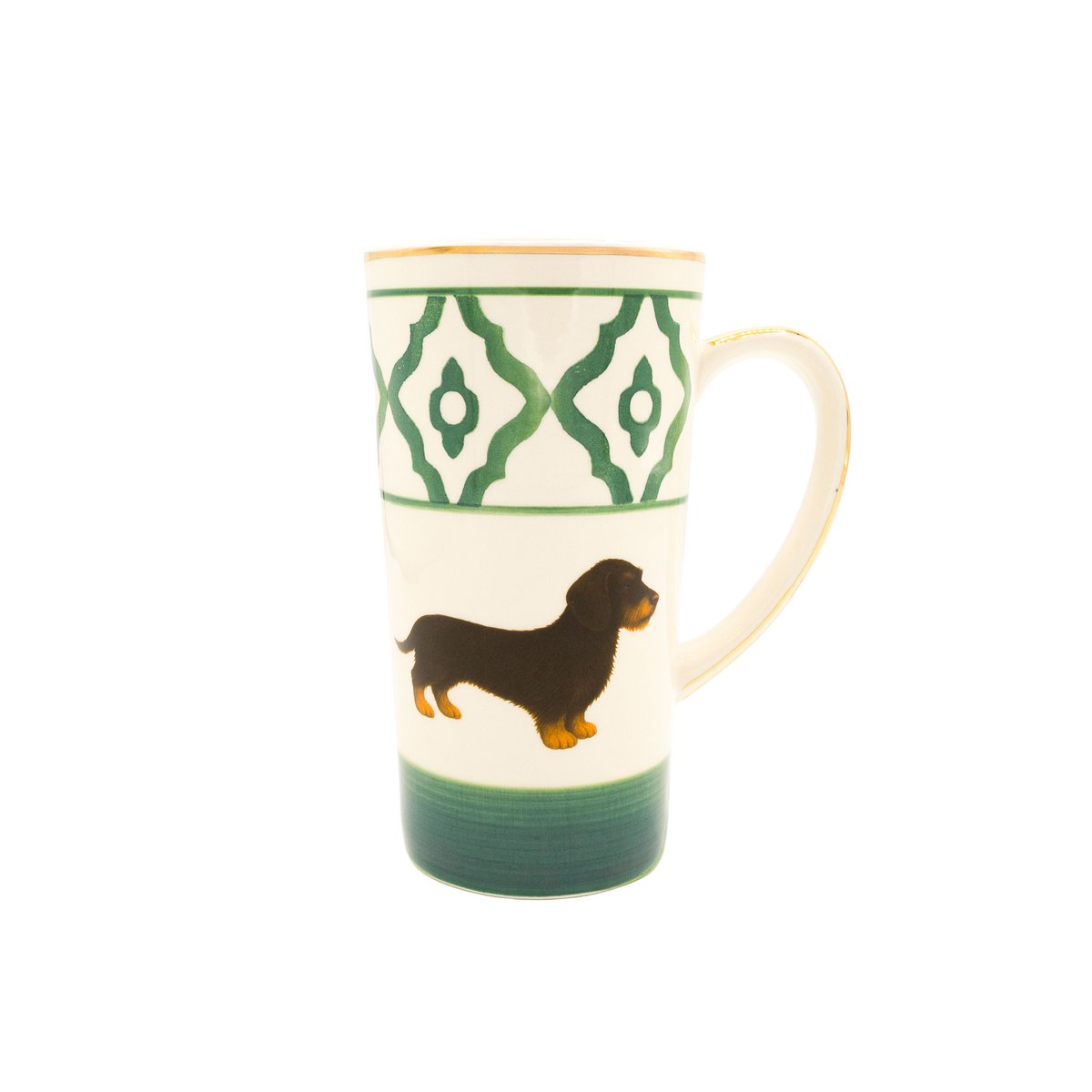 Tea cup/tea mug model dachshund made of ceramic, hand-painted with dachshund motif, gold rim and gold-coated handle, 250 ml. Cup contents available in red, green and blue