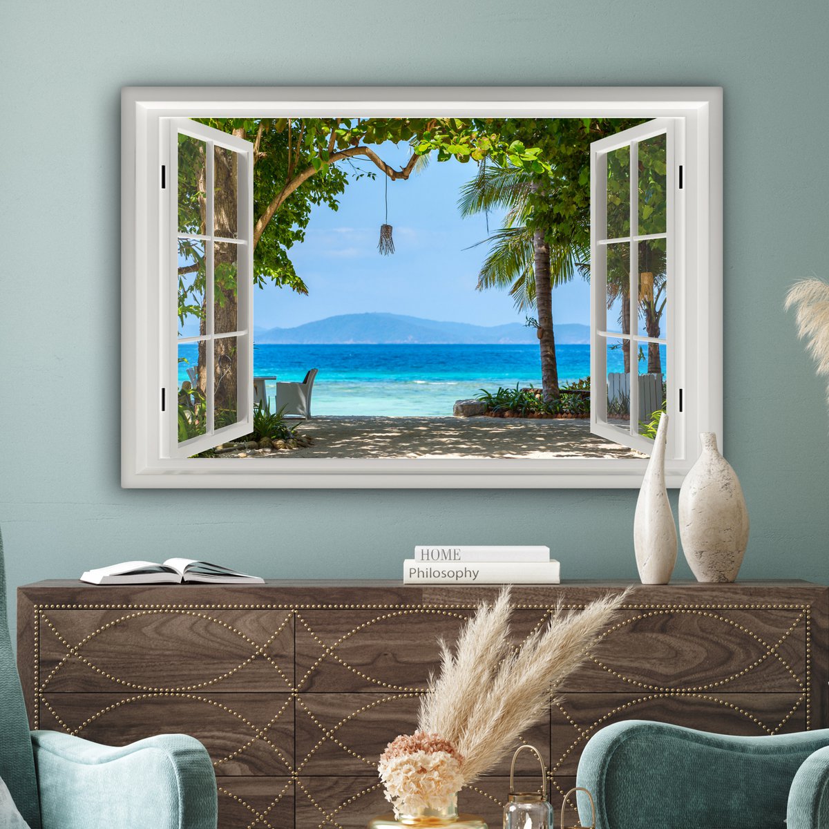 Pintura de lienzo - Decoración de pared - Vista - Boom - Sea - Palmada - Colinas - Playa - Azul